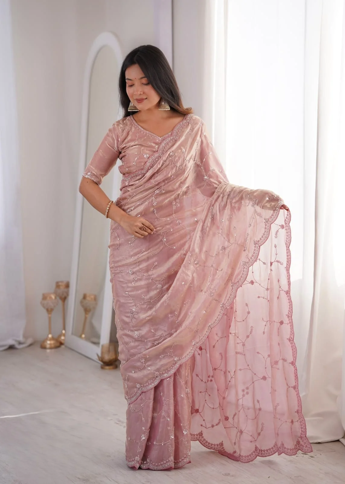 Two Tone Fandy Silk with Heavy Real Beads Moti and Threads C Pallu Work Saree